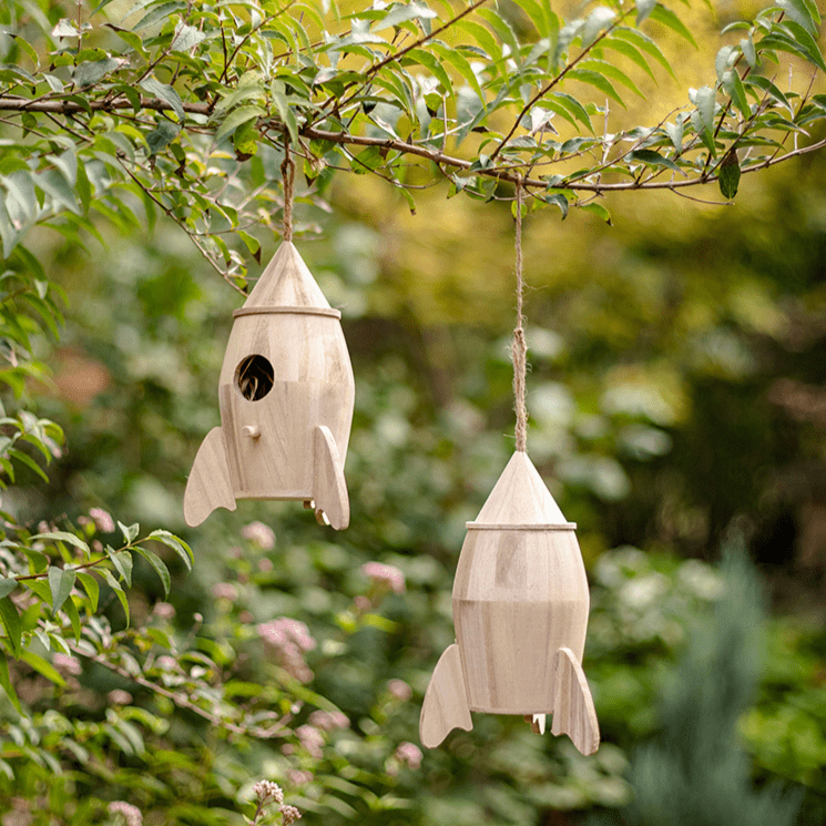 Natural Solid Wood Bird's Nest by RusticReach, two rocket-shaped hanging birdhouses on Tampa Home & Garden Store