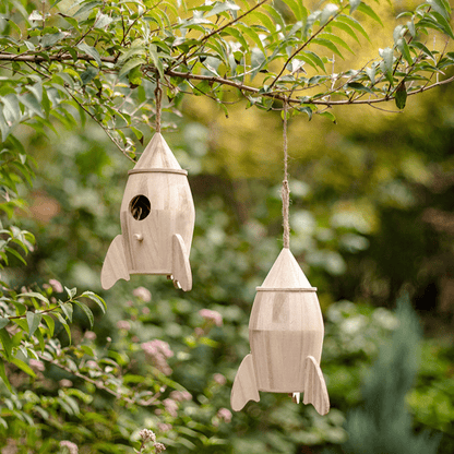 Natural Solid Wood Bird's Nest by RusticReach, two rocket-shaped hanging birdhouses on Tampa Home & Garden Store