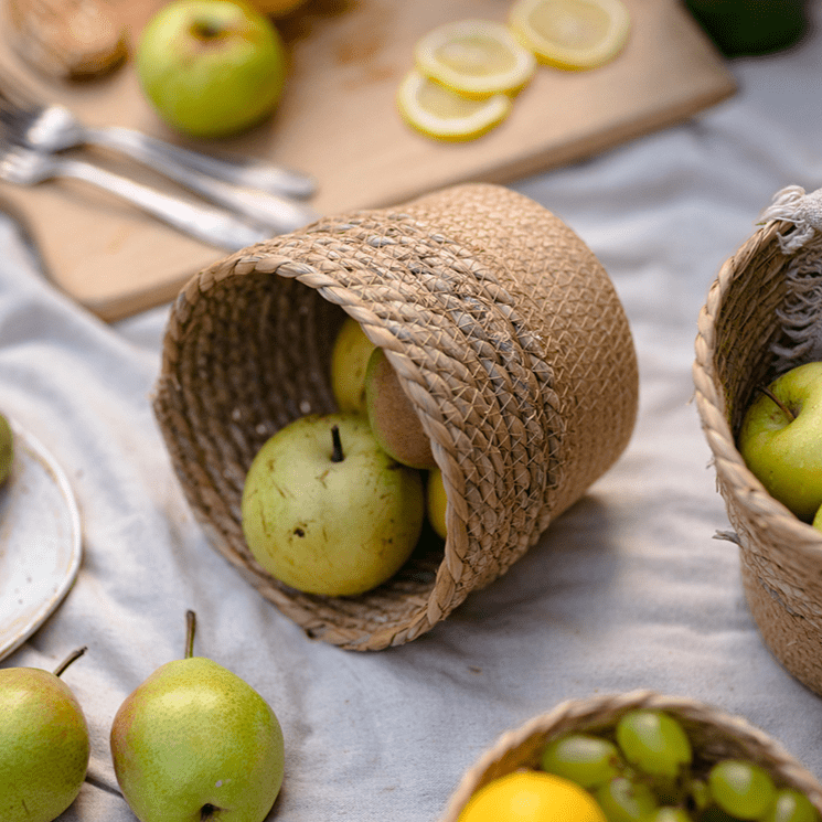 Natural straw desktop flower baskets set of 3 by RusticReach, woven beige with apples on Tampa Home & Garden Store