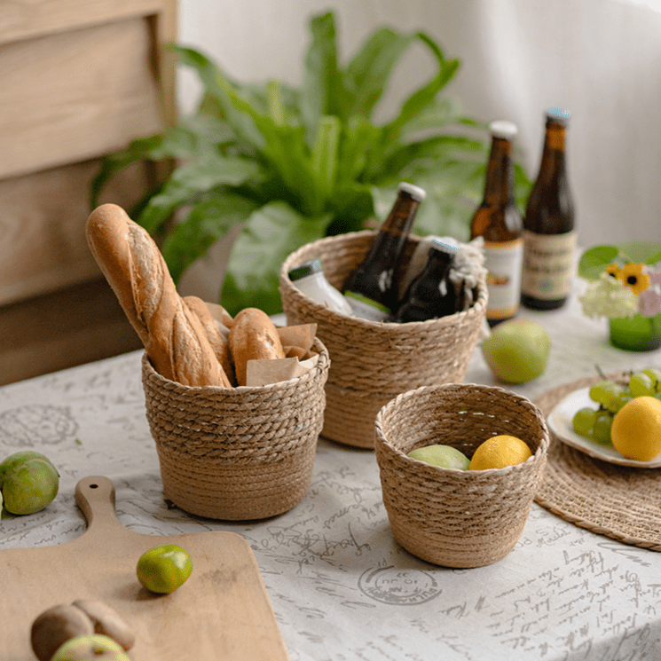 Natural Straw Desktop Flower Basket by RusticReach; handwoven, three baskets on a table on Tampa Home & Garden Store
