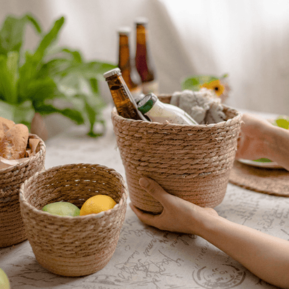 Natural straw desktop flower basket set of 3, woven beige baskets holding bottles and fruit on Tampa Home & Garden Store