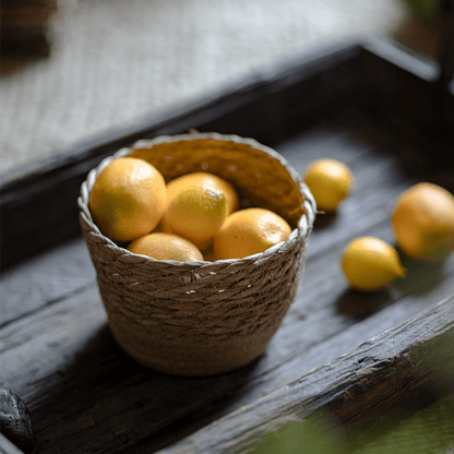 Natural straw desktop flower basket with yellow lemons, rustic brown weave, RusticReach on Tampa Home & Garden Store
