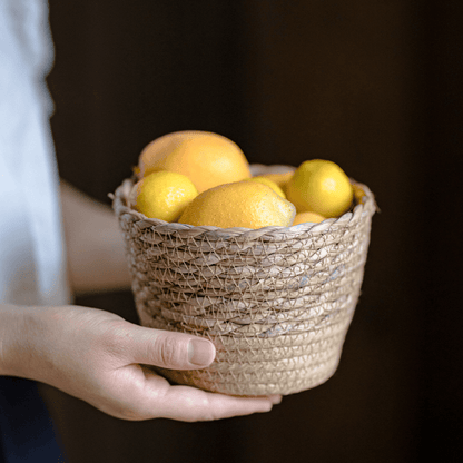 Natural Straw Desktop Flower Basket with woven texture, RusticReach, lemon-filled desk decor on Tampa Home & Garden Store