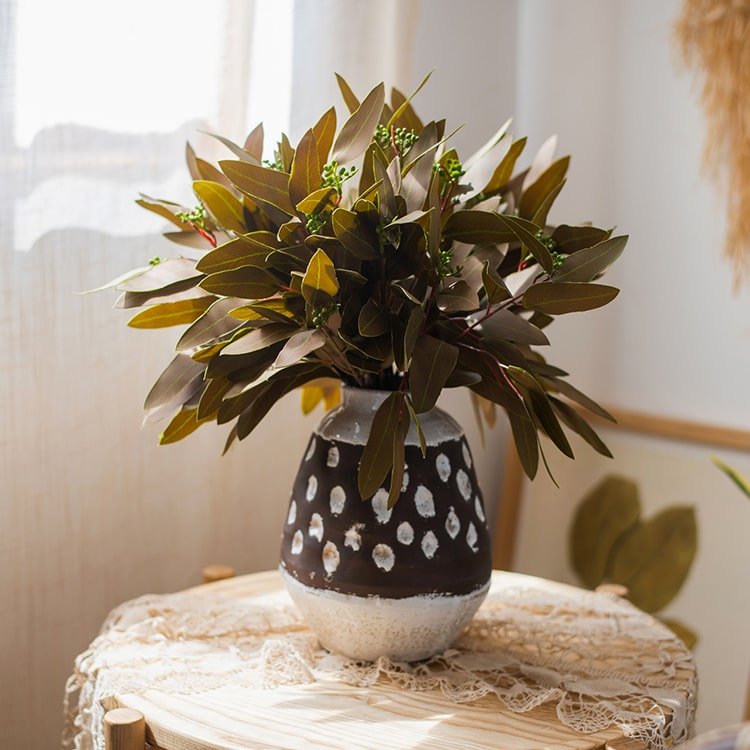 Oval leaf eucalyptus stem bundle in brown vase RusticReach faux foliage 18in tall on Tampa Home & Garden Store