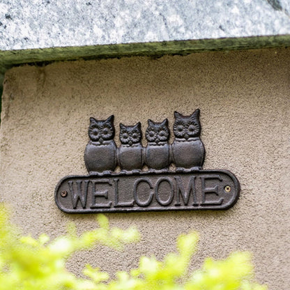 Four Owls Cast Iron Welcome Sign decorative plaque with four black owls RusticReach on Tampa Home & Garden Store