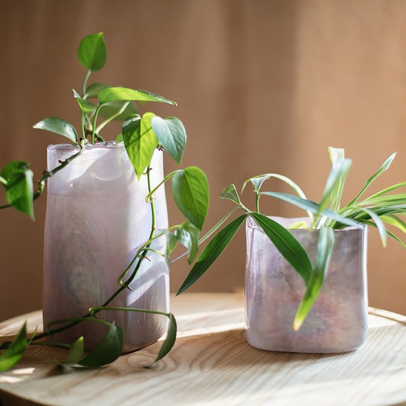 Pink Morandi color art glass vase set of two by RusticReach with trailing greenery on Tampa Home & Garden Store
