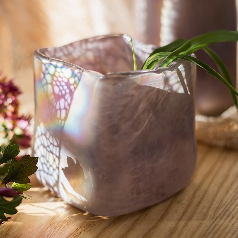 RusticReach Pink Morandi Color Art Glass Vase, iridescent pastel pink square vase on Tampa Home & Garden Store