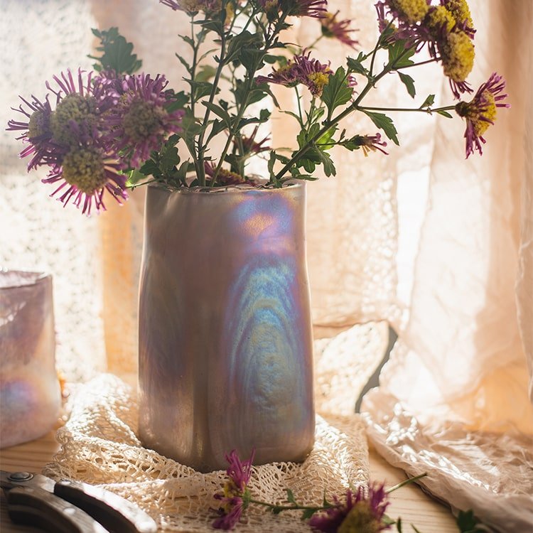 Pink Morandi Color Art Glass Vase by RusticReach with iridescent pink-blue finish and flowers on Tampa Home & Garden Store