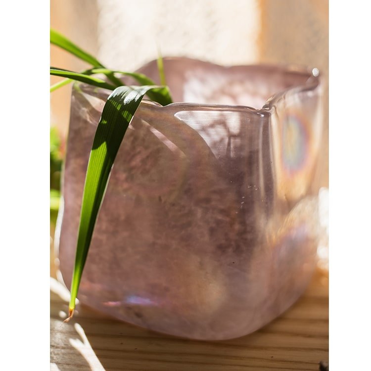Pink Morandi color art glass vase by RusticReach, iridescent pink glass with a green plant on Tampa Home & Garden Store