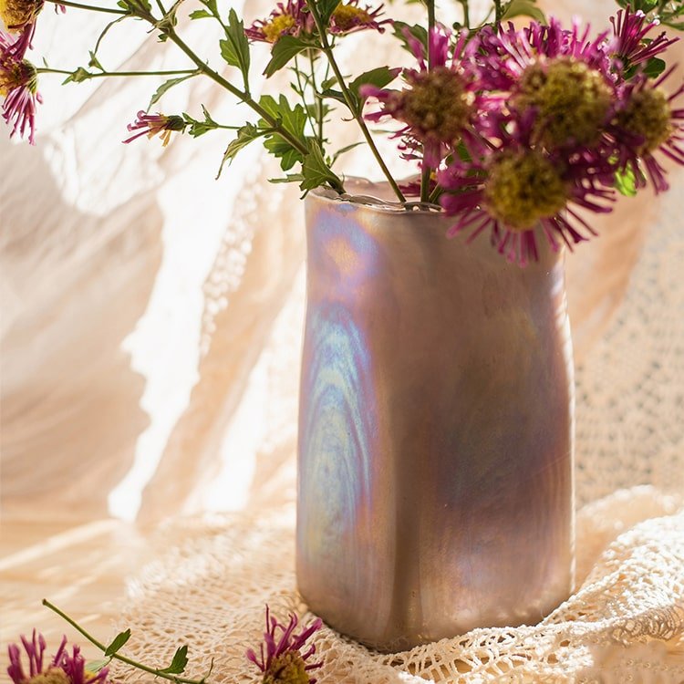 Pink Morandi Color Art Glass Vase by RusticReach, iridescent pink-lilac glass on Tampa Home & Garden Store