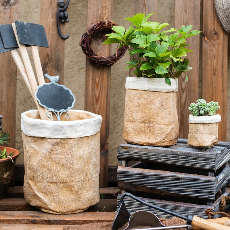 Paper Bag Style Concrete Garden Pot set of 3 with tan burlap finish RusticReach on Tampa Home & Garden Store