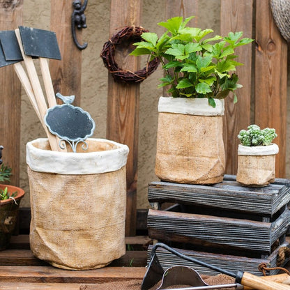 Paper Bag Style Concrete Garden Pot set of 3 with tan burlap finish RusticReach on Tampa Home & Garden Store