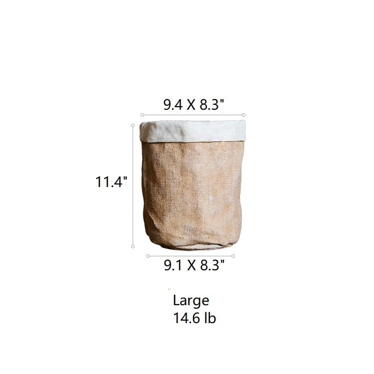Paper Bag Style Concrete Garden Pot by RusticReach, large burlap-textured brown with white rim on Tampa Home & Garden Store