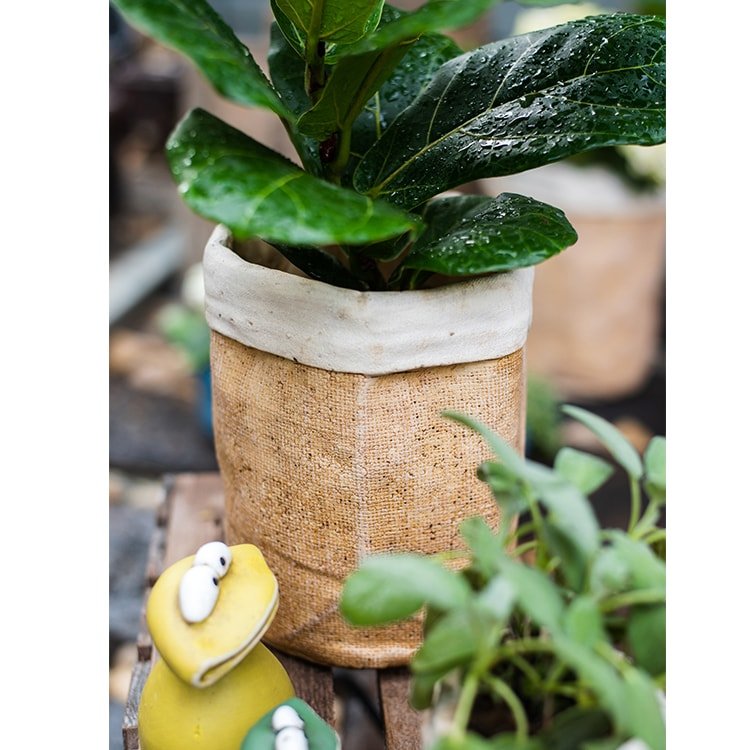 Paper bag style concrete garden pot with burlap wrap and white rim by RusticReach on Tampa Home & Garden Store