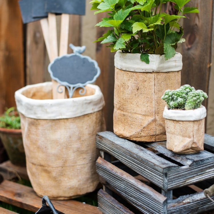 RusticReach paper bag style concrete garden pot set of three burlap pots with white rims on Tampa Home & Garden Store