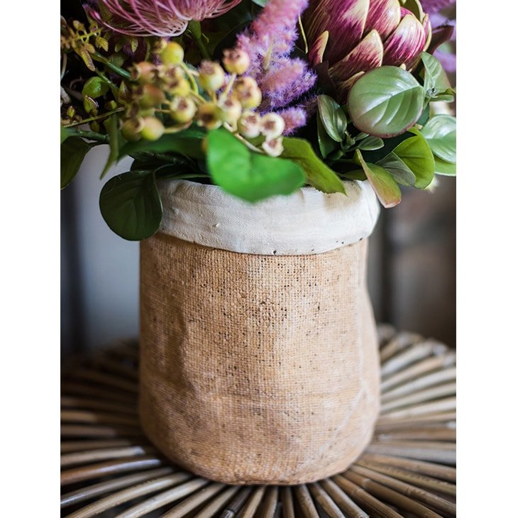 Paper Bag Style Concrete Garden Pot burlap RusticReach filled with blooms on Tampa Home & Garden Store