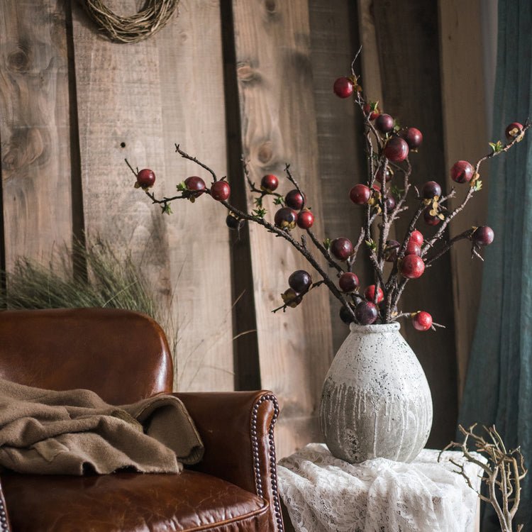 Artificial passion fruit stem silk plant 37in tall in a speckled gray vase with red berries on Tampa Home & Garden Store