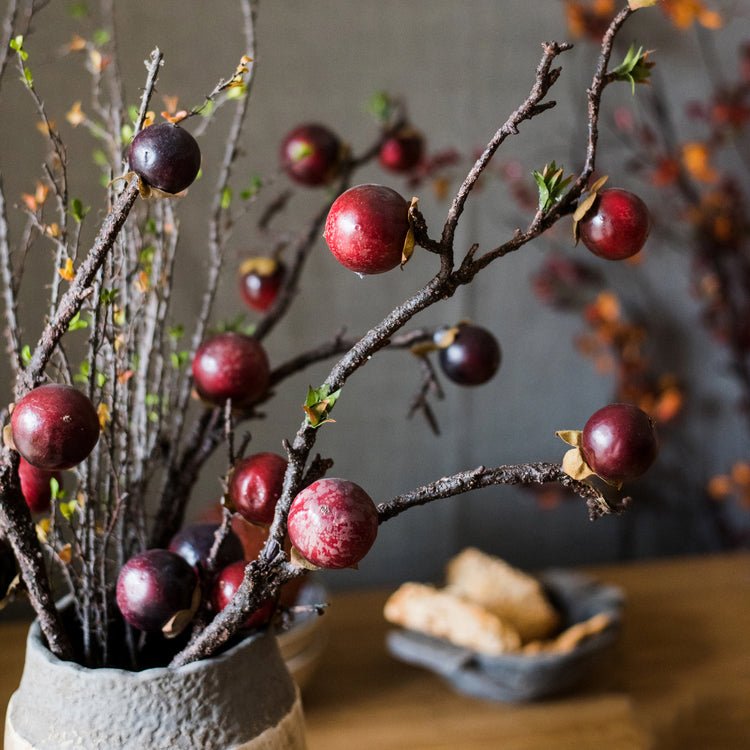 Artificial Passion Fruit Stem Silk Plant, 37in tall with red berries in gray vase RusticReach on Tampa Home & Garden Store