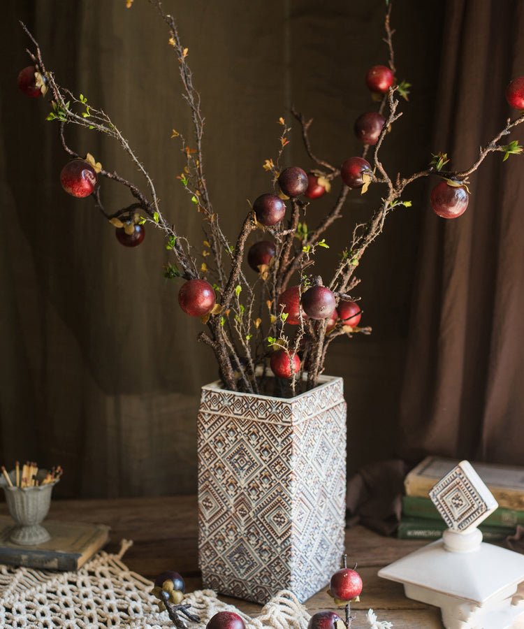 Artificial Passion Fruit Stem Silk Plant 37 inches tall with red faux fruit geometric vase on Tampa Home & Garden Store