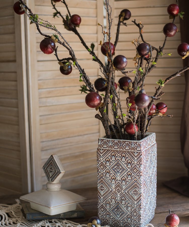 Artificial Passion Fruit Stem 37 in Silk Plant by RusticReach in a patterned vase with red fruit on Tampa Home & Garden Store