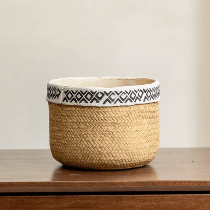 Patterned Rattan Cement Planter by RusticReach, natural woven body with white cement rim on Tampa Home & Garden Store