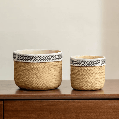 Patterned Rattan Cement Planters set of two with white rim and black geometric motif RusticReach on Tampa Home & Garden Store