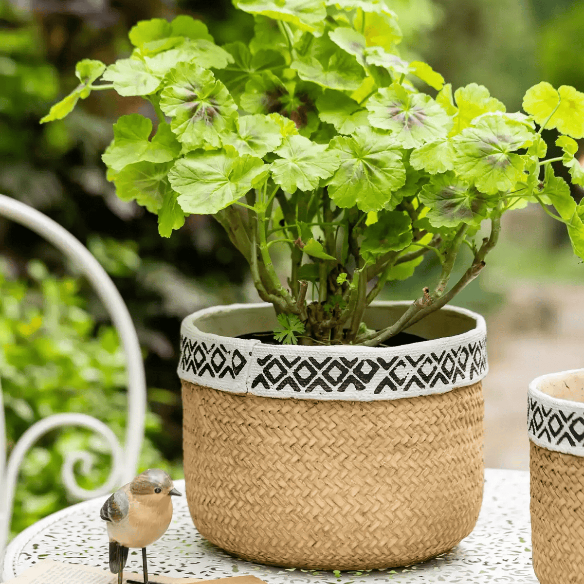 Patterned rattan cement planter by RusticReach, beige woven body with black geometric trim on Tampa Home & Garden Store