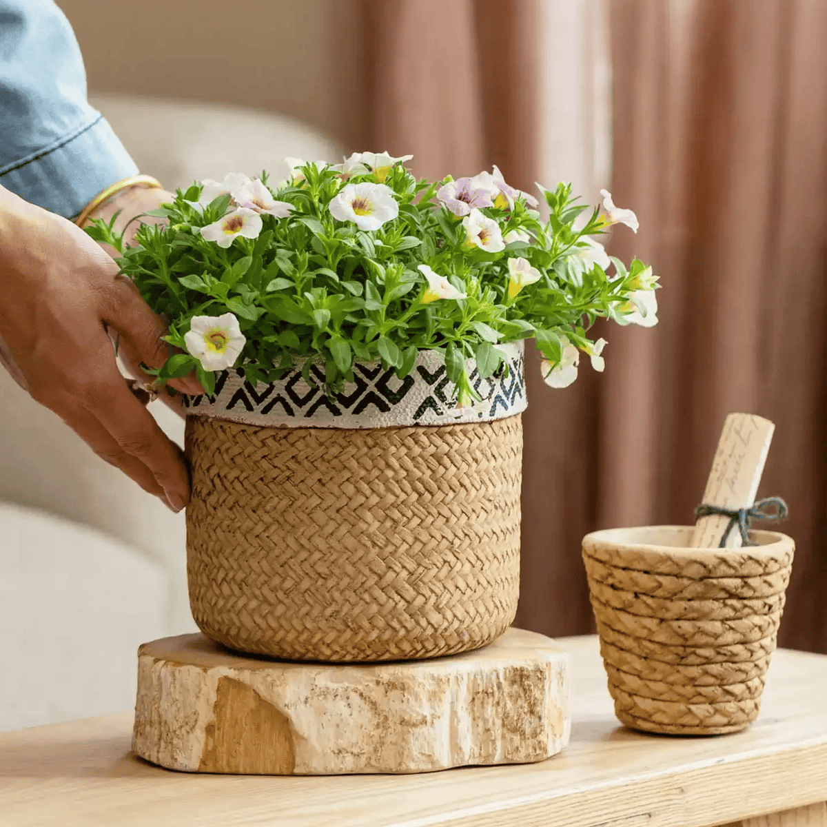 Patterned Rattan Cement Planter by RusticReach with woven natural texture and geometric top band on Tampa Home & Garden Store