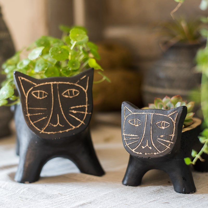 Cat Shape Small Planter in Concrete by RusticReach; black planters (2) with face etchings on Tampa Home & Garden Store