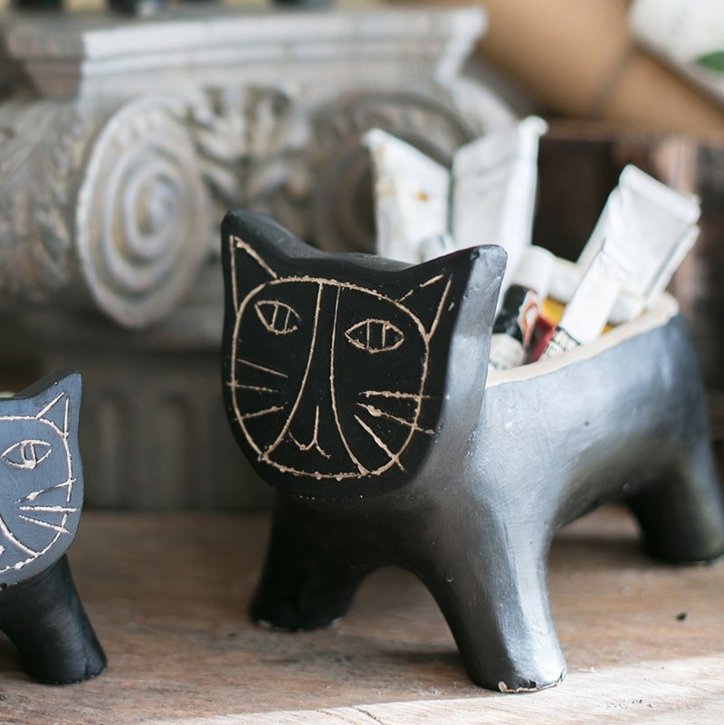 Cat Shape Small Planter in Concrete set of 2, black with chalk-face design, RusticReach on Tampa Home & Garden Store