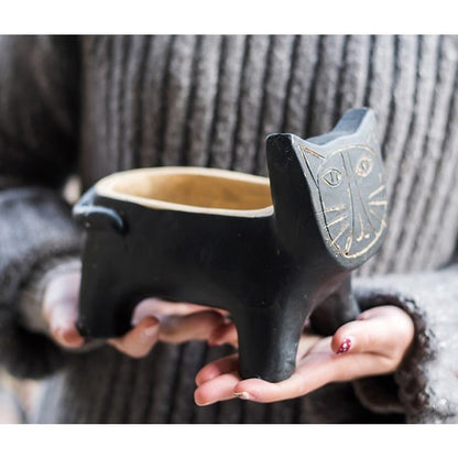 Cat-shaped small planter in concrete, black exterior with beige interior, by RusticReach on Tampa Home & Garden Store