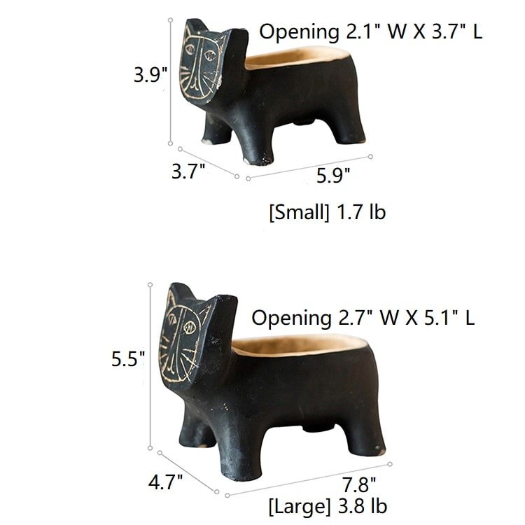 Cat Shape Concrete Planters set, black with beige interior; RusticReach small & large planters on Tampa Home & Garden Store