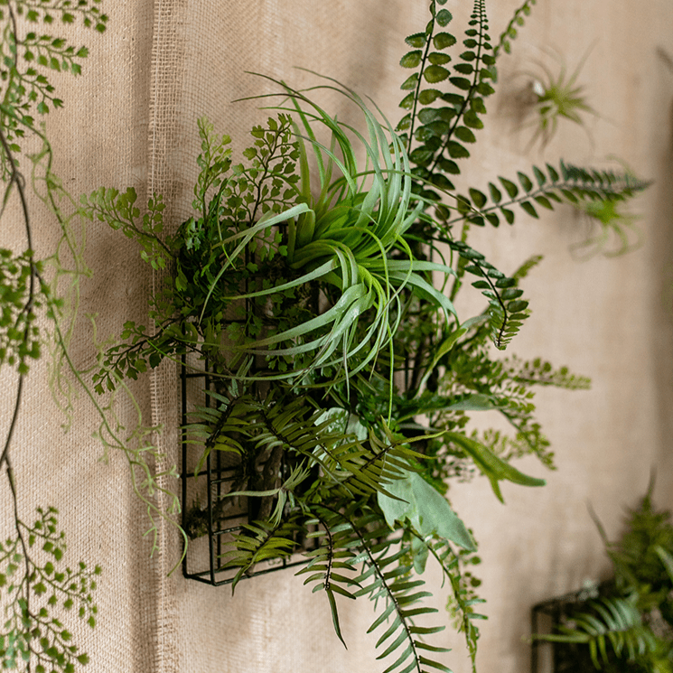Artificial Faux Plant Metal Frame Wall Décor in a black metal frame with green ferns and trailing leaves on Tampa Home & Garden Store
