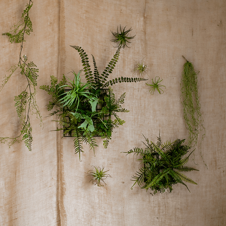Artificial faux plant metal frame wall decor with green ferns in black frames on beige backdrop on Tampa Home & Garden Store