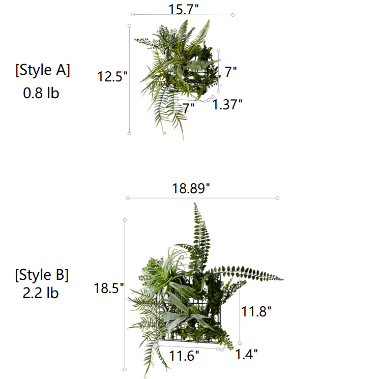 Artificial Faux Plant Metal Frame Wall Decor styles A and B compact fern 0.8 lb and larger 2.2 lb on Tampa Home & Garden Store