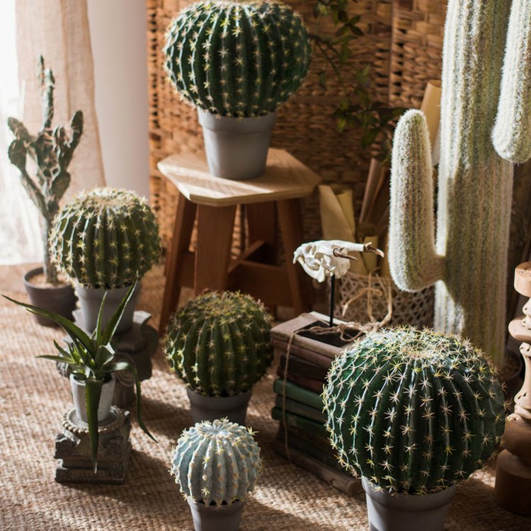 Artificial Faux Cactus Ball In Pot by RusticReach, round green spines in pots for rustic display on Tampa Home & Garden Store