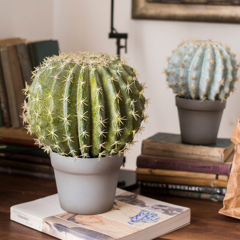 Artificial Faux Cactus Ball In Pot by RusticReach, two green cacti with white spines in pots on Tampa Home & Garden Store
