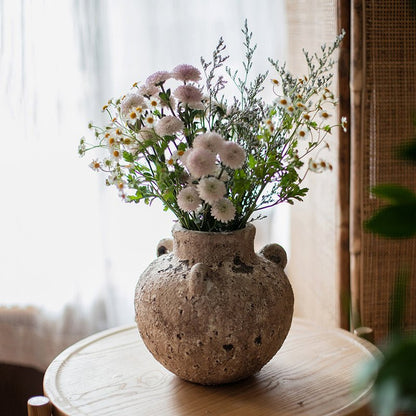 Pottery stoneware vase with dried daisies and greenery, rustic beige finish on Tampa Home & Garden Store