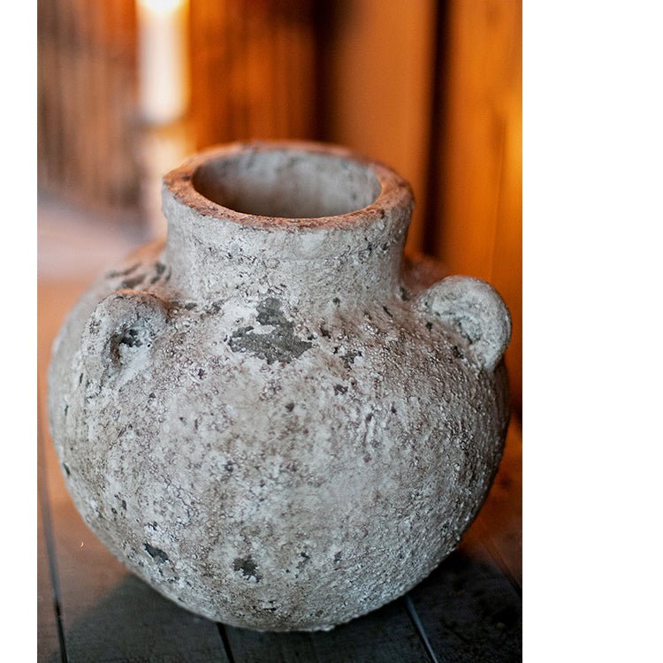 Stoneware Zen style vase with a bulbous gray body, narrow neck, and two small handles on Tampa Home & Garden Store