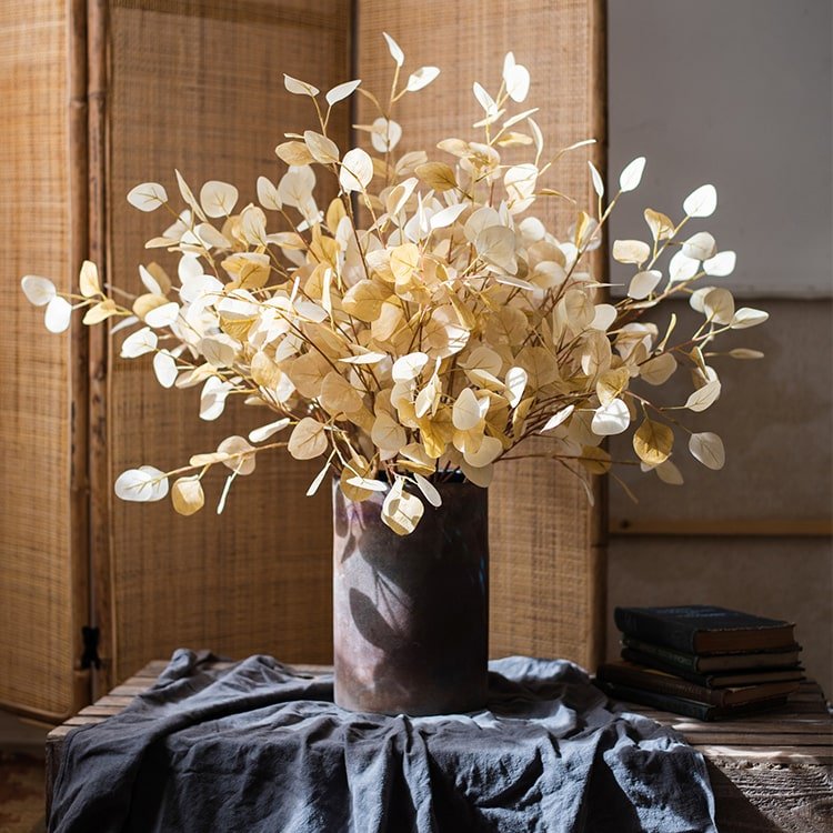 Rust Style Art Glass Vase by RusticReach in dark marbled glass with dried gold leaves on Tampa Home & Garden Store