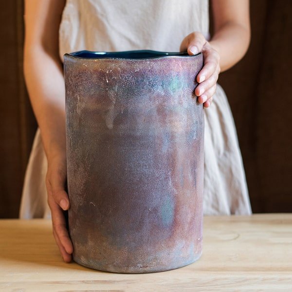 Rust Style Art Glass Vase by RusticReach with iridescent bronze glaze, tall cylinder on Tampa Home & Garden Store