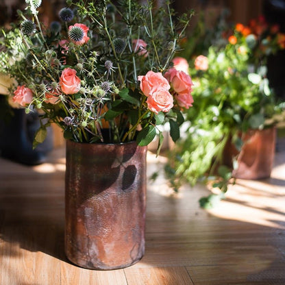 Rust Style Art Glass Vase with copper patina by RusticReach, pink roses bouquet on Tampa Home & Garden Store