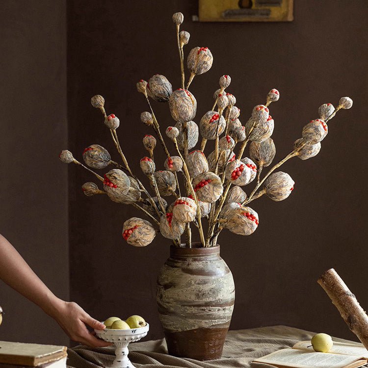 Rustic Dried Pot Stem 41in Tall artificial plant in clay vase with gray pods and red accents on Tampa Home & Garden Store