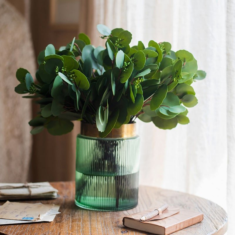 Artificial Round Leaf Eucalyptus Bundle 16in Tall in a green ribbed glass vase by RusticReach on Tampa Home & Garden Store