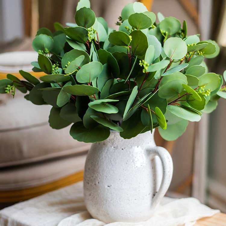 Artificial round leaf eucalyptus bundle in a speckled ceramic pitcher 16 tall RusticReach on Tampa Home & Garden Store