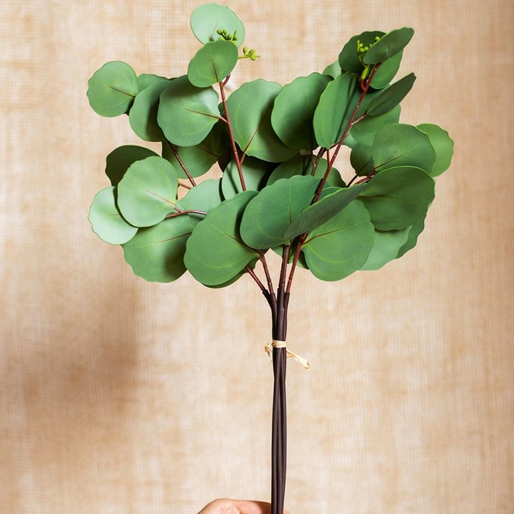 Artificial eucalyptus round-leaf bundle 16 tall with green leaves on brown stems raffia-tied on Tampa Home & Garden Store