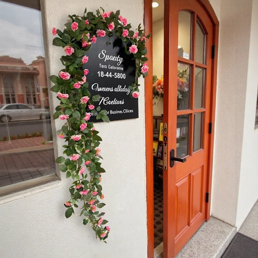 Pink Rose Wall Climbing Vine by RusticReach, artificial vine with green leaves around door on Tampa Home & Garden Store