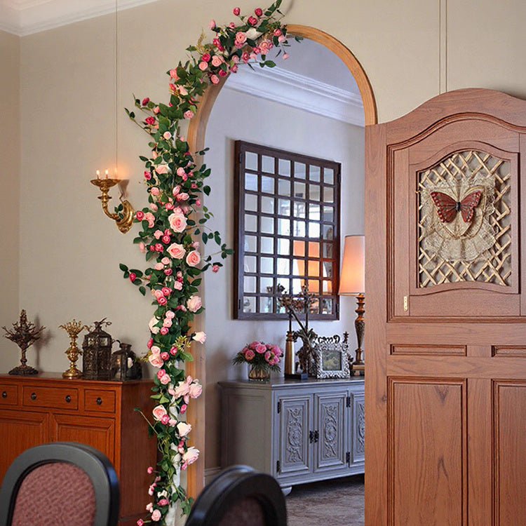 Pink Rose Flower Wall Climbing Vines, pink roses with green leaves for archway decor on Tampa Home & Garden Store