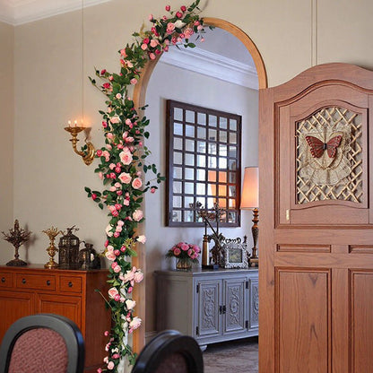 Pink Rose Flower Wall Climbing Vines, pink roses with green leaves for archway decor on Tampa Home & Garden Store