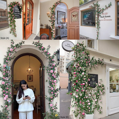 Pink rose artificial climbing vines for outdoor events, RusticReach, shown in five styles A–E on Tampa Home & Garden Store